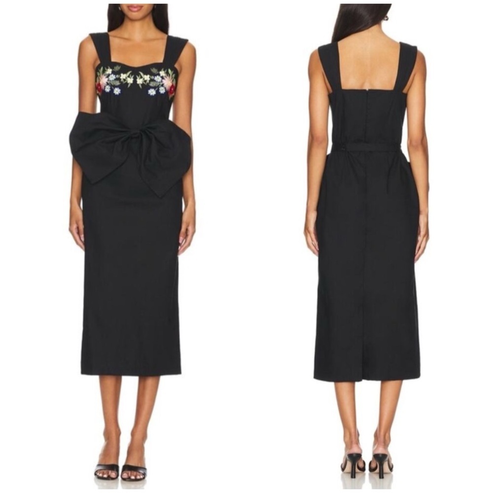 NWT Fanm Mon Dolce Midi Dress Black Embroidered Floral Bow Cotton Poplin Sz S